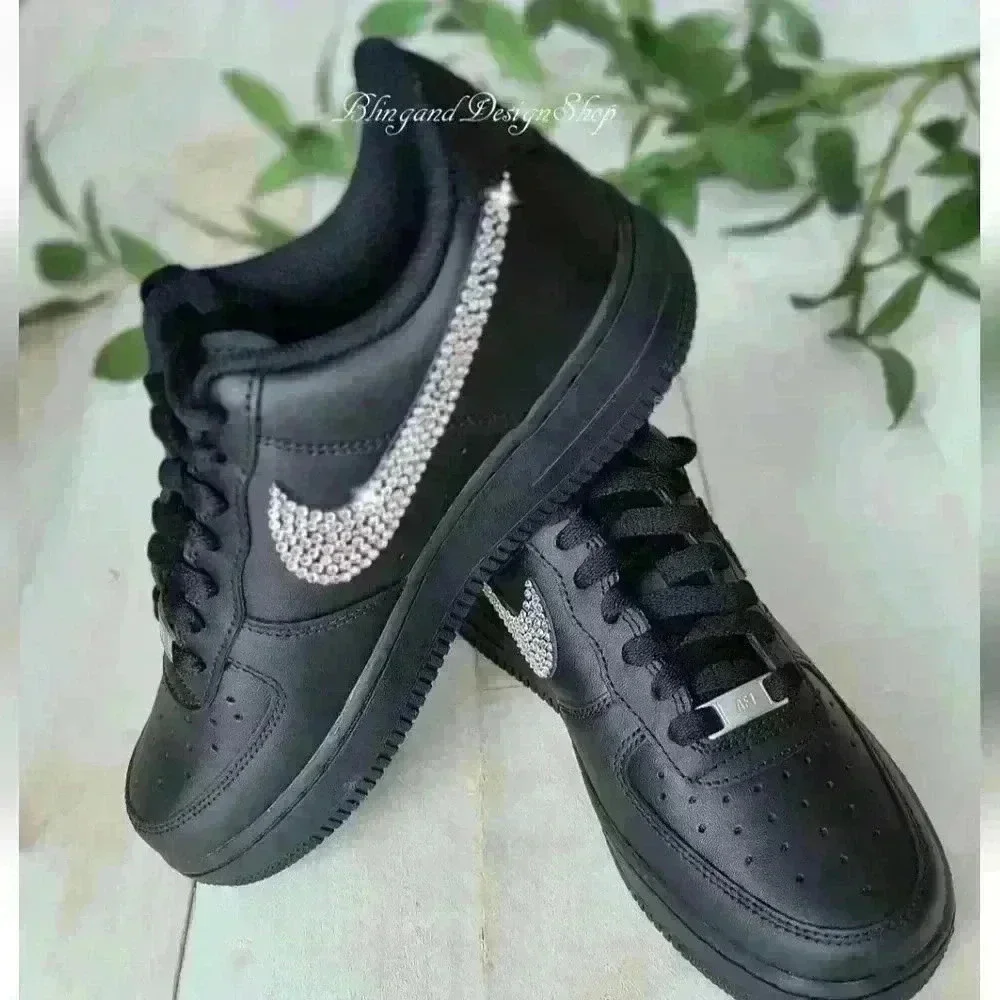 Nike Air Force 1 07 Black Sneakers Shoes made with Swarovski Crystal Bling Nikes